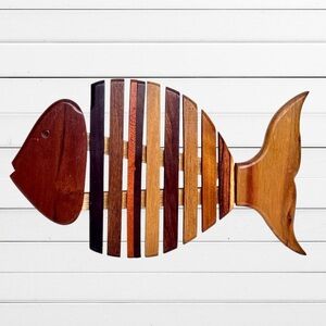 Handcrafted Wooden Fish Trivet Hot Plate Slatted MCM Style Boho Skelton 12”
